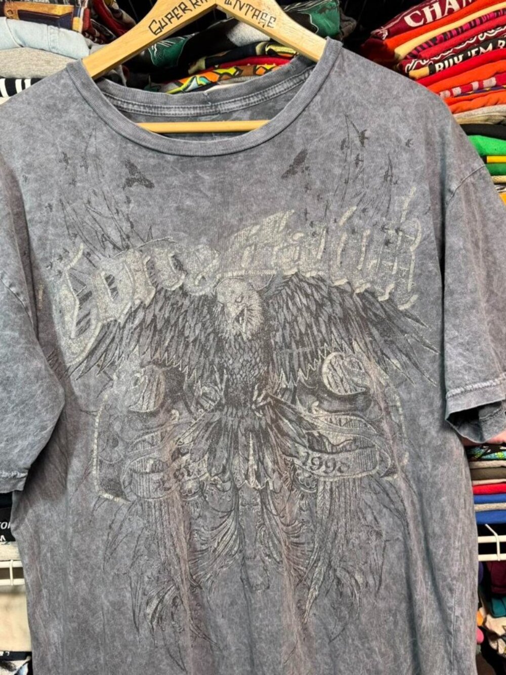 Tony hawk y2k bird graphic stone wash faded blue grey t shirt